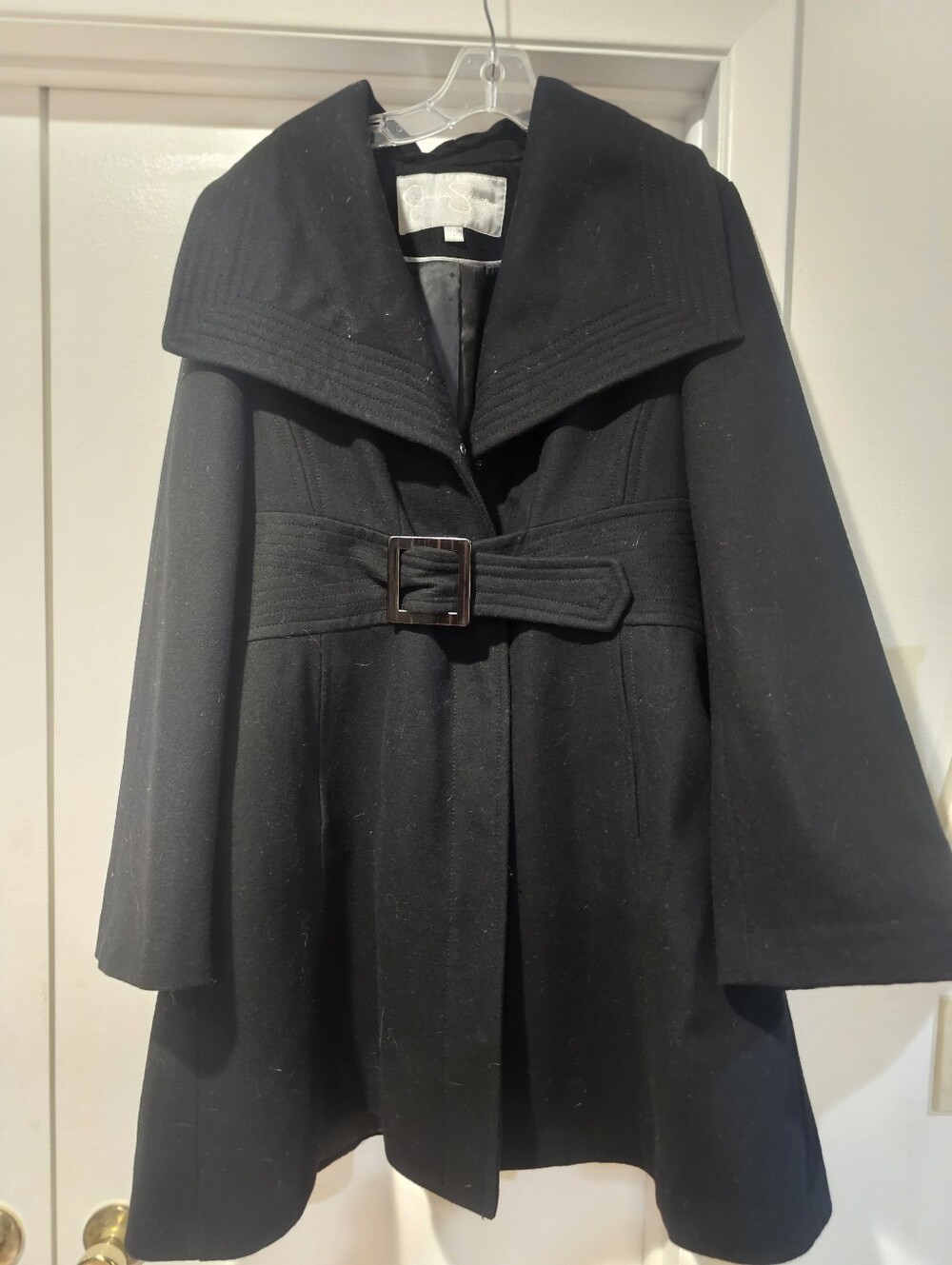 Jessica Simpson Black Belted Wool-Blend Peacoat with Statement Collar Size XL